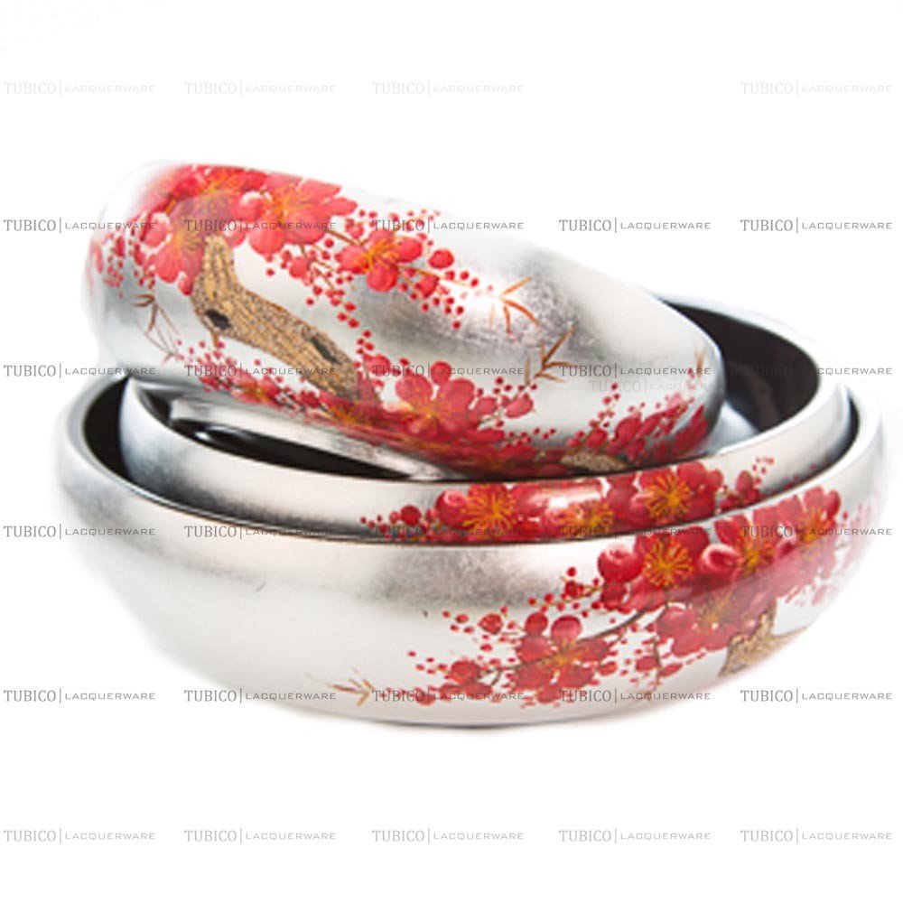 Bộ tô sơn mài cao cấp dát bạc dát vàng vẽ đào đỏ thủ công mỹ nghệ